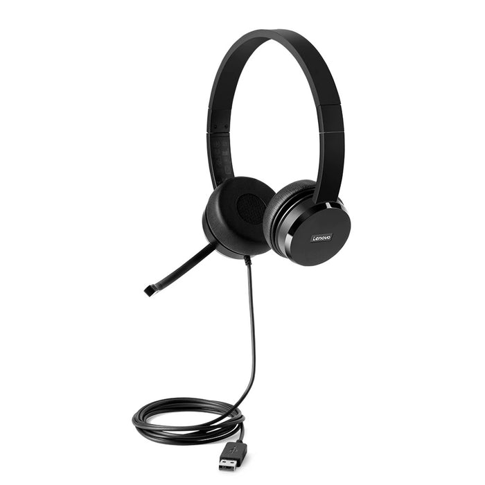 Lenovo 100 Usb Stereo Headset, 1.8m, Noice Cancelling Mic, Protein Leather; Memory Foam Ear Cups And Rotatable Boom Microphone
