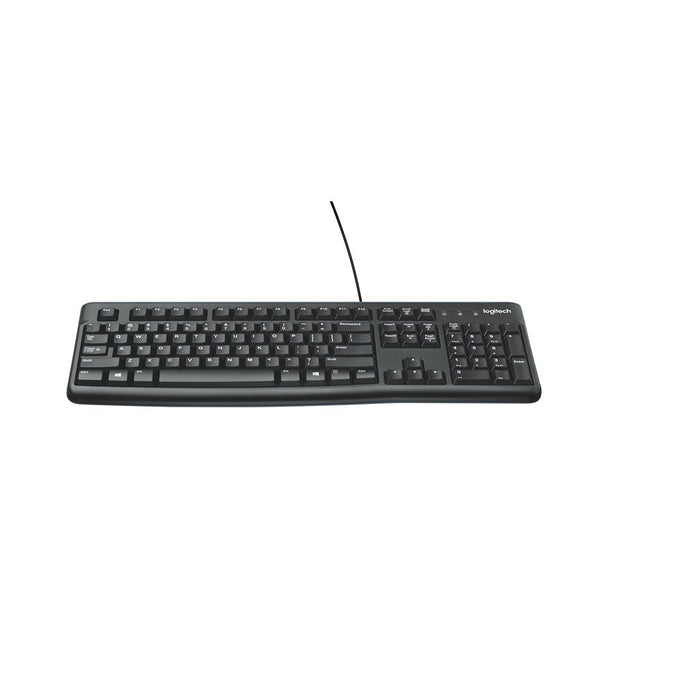 Logitech Corded Keyboard K120 comfortable quiet typing a sleek yet sturdy design and a plug and play USB connection spill resist