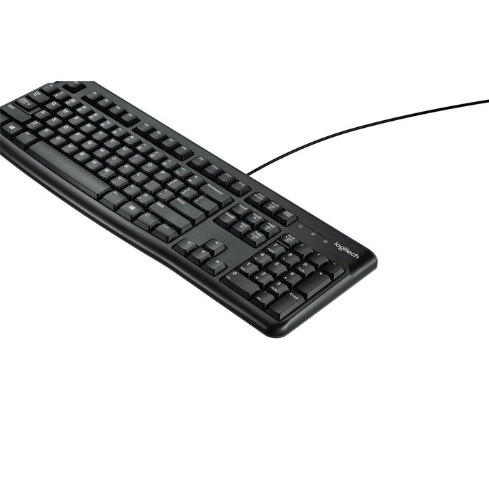 Logitech Corded Keyboard K120 comfortable quiet typing a sleek yet sturdy design and a plug and play USB connection spill resist