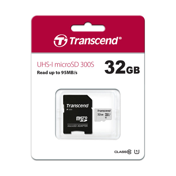 Transcend 300S 32Gb MicroSd Uhs-1 U1 Class10, Read 95Mb/S, Write 45Mb/S With Adaptor, Tlc